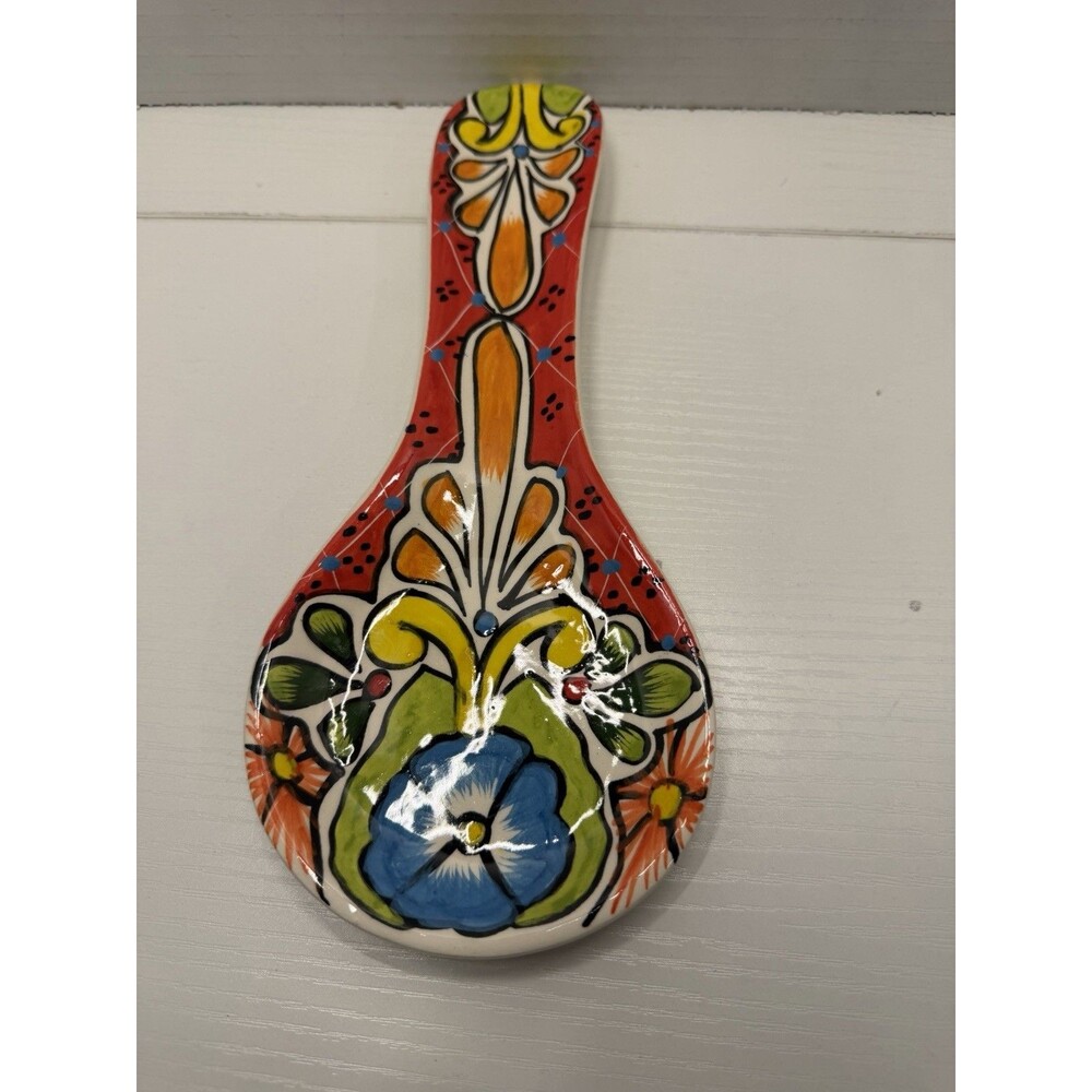 Spoon Rest 10” Mexican Pottery Hand Painted Art Wall Decor Lead Free